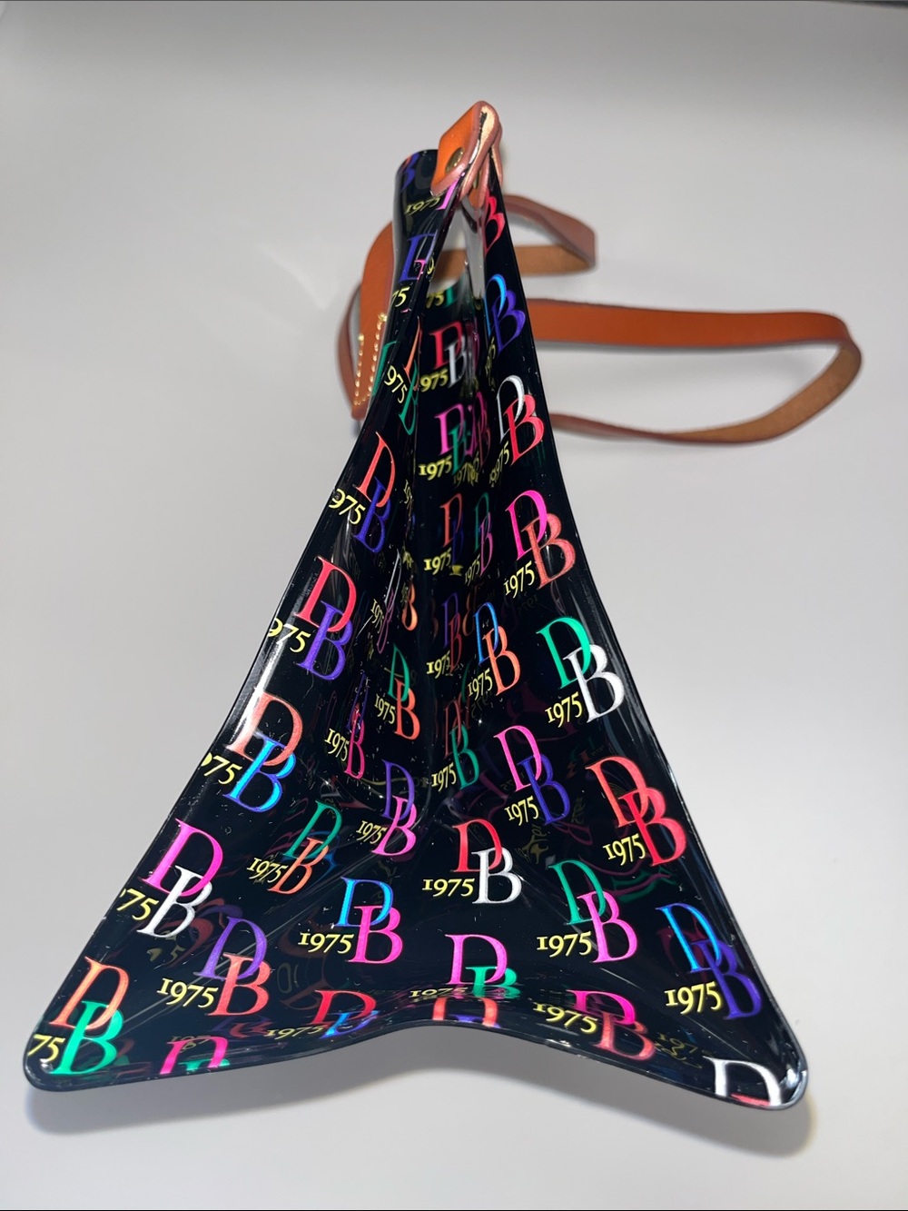 Dooney & Bourke Black Patent Tote with Multicolor DB Logo and Tan Straps - Picture 3 of 10